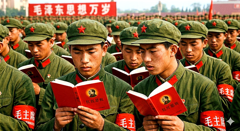 Gardes rouges lisant le Petit Livre rouge de Mao, image générée avec Gemini