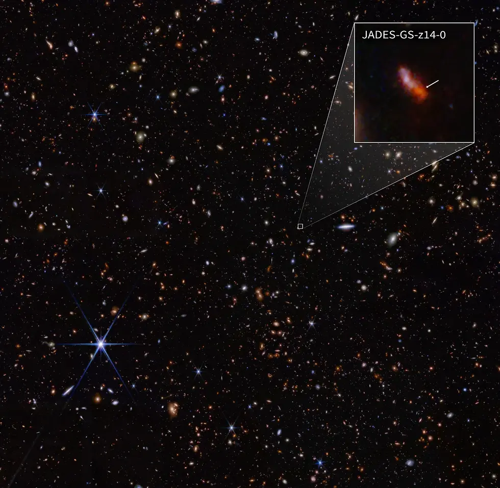 The galaxy JADES-GS-z14-0 as seen by the James Webb Space Telescope is thought to be the most distant and earliest galaxy ever spotted existing just 300 million years after the Big Bang. Image credit: NASA, ESA, CSA, STScI, B. Robertson (UC Santa Cruz), B. Johnson (CfA), S. Tacchella (Cambridge), P. Cargile (CfA).