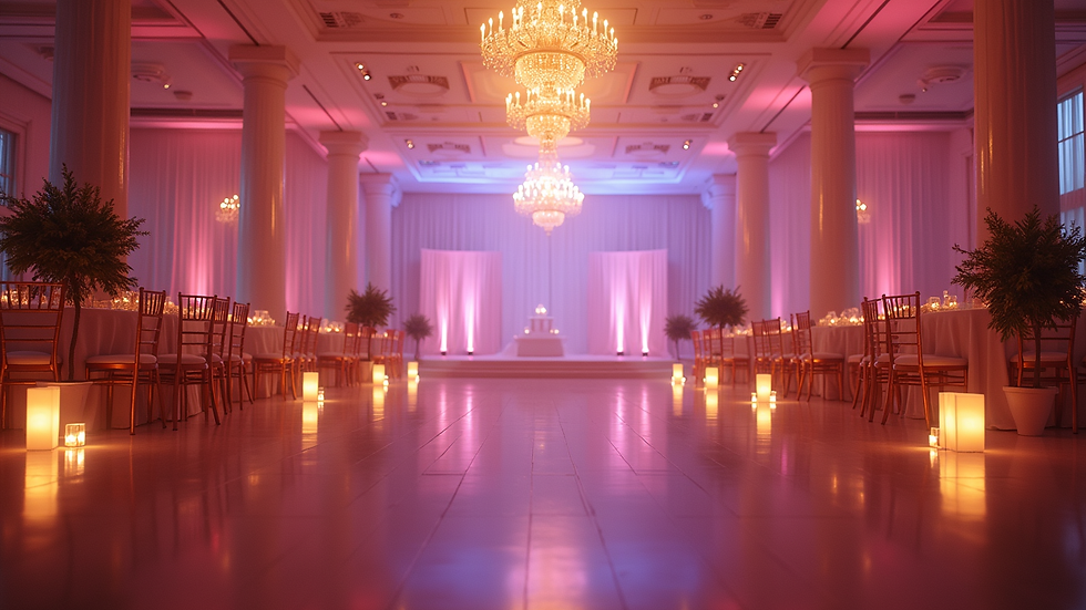 Eye-level view of a beautifully decorated event space with elegant lighting