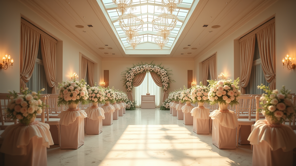 Wide angle view of a beautifully decorated wedding venue