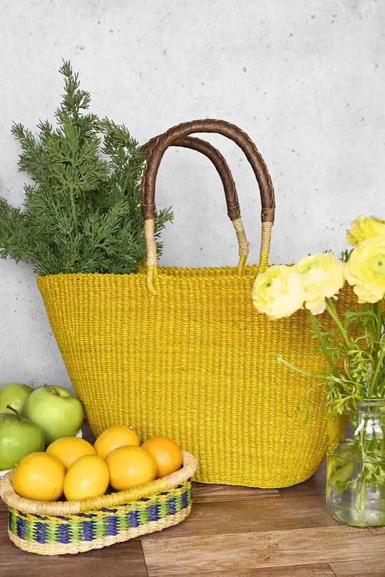 Sunny Yellow Tote Basket with Chocolate Brown Leather Handles