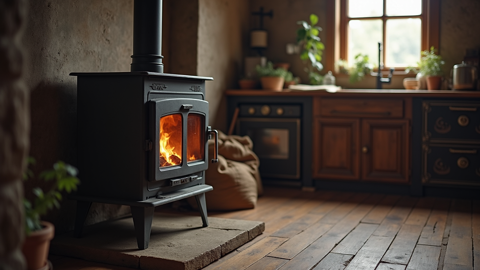 Close-up view of a Kuni Booster stove installed in a rural kitchen