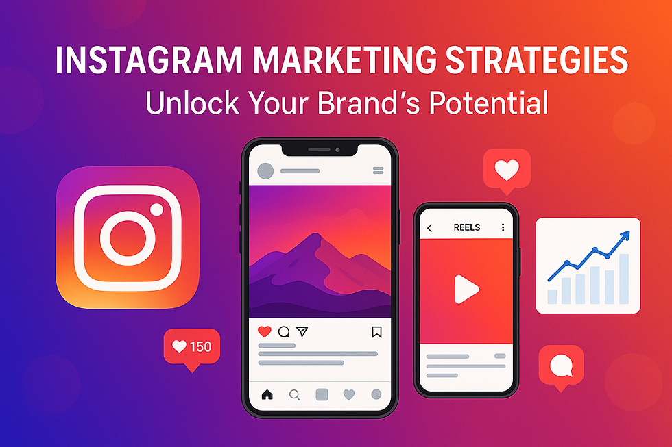 Banner showcasing Instagram marketing strategies with Instagram logo, mobile devices displaying Instagram posts and Reels, social engagement symbols (likes, comments, shares), and analytics growth graphs. The design features a professional, vibrant style with a call-to-action: 'Unlock Your Brand’s Potential.
