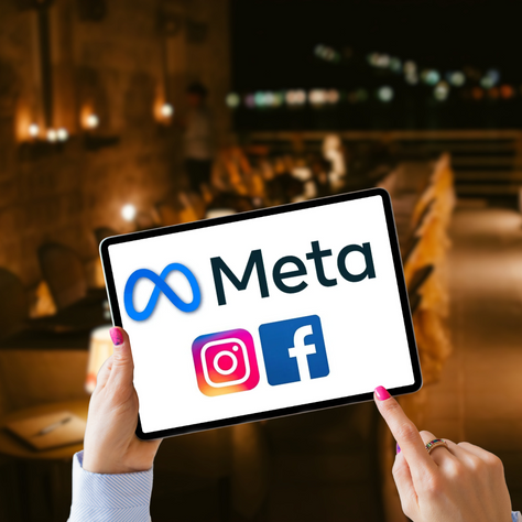 A dimly lit restaurant in the background with a woman holding a tablet displaying the Meta, Instagram, and Facebook logos, symbolizing social media advertising for restaurants.