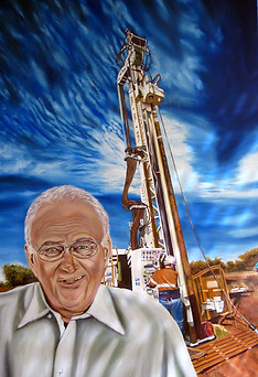 Stylized illustration of an elderly man wearing glasses and a light shirt in the foreground, with a tall drilling rig and dramatic swirling blue sky in the background at an outdoor work site.