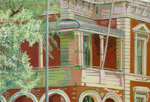 Oil painting of a historic red-brick building with arched balconies, green detailing, and a glass corner facade, partially framed by leafy trees and a streetlight in front.