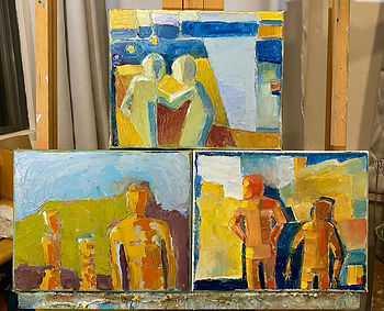 Image of three new paintings on eisel from Sam Kimball INTERSECT show