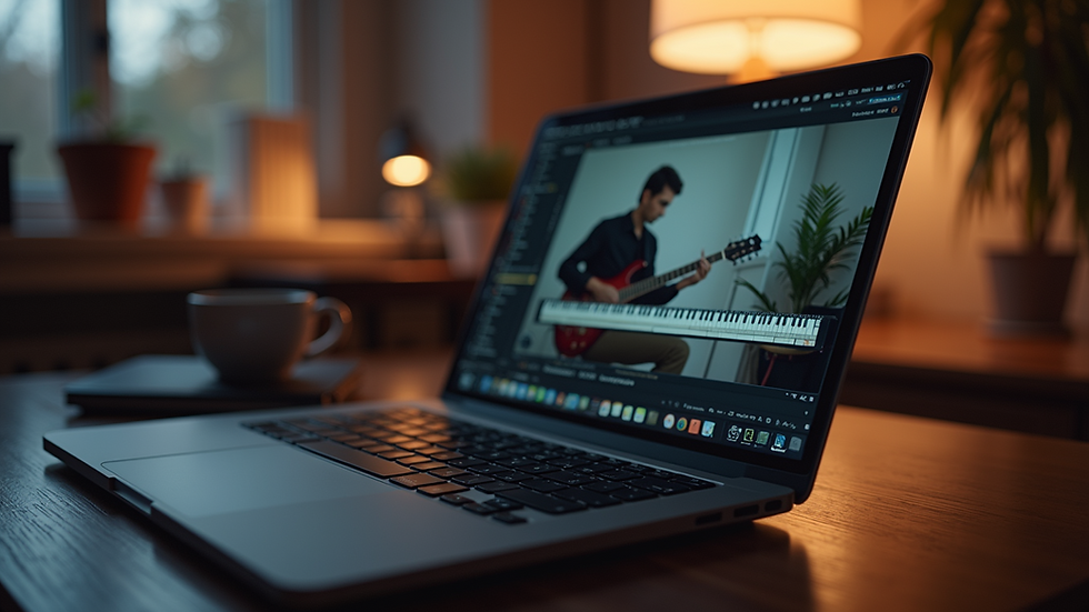 Eye-level view of a laptop displaying an online music lesson