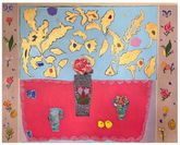 Floral still life paintings with a vase and flowers and golden shapes