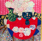 Vibrant still life painting with flowers and vases on a red tablecloth. Paintings
