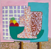 Abstract painting with colorful fruit and shapes, pink background, Paintings by Ramirez-Bustamante
