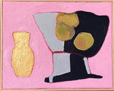 Abstract painting of a vase and a cup with yellow fruits, on pink Paintings.