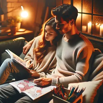 Coloring Our Love: Couple sitting on a couch cozy and coloring together