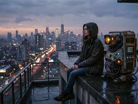 woman sitting on high ledge next to ai -non-humanoid, both are looking at cityscape