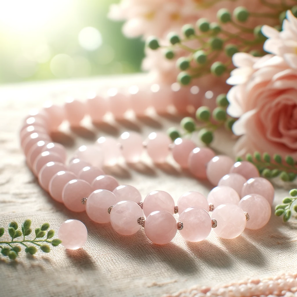 Rose Quartz Mala Beads: This image captures the soft pink hue and gentle, loving energy of rose quartz beads, set against a peaceful background that reflects themes of love and emotional healing.