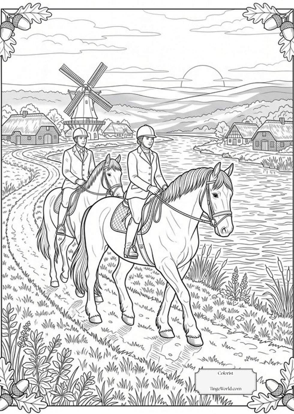 Two Horses Trotting coloring page for adults, free printable, Tinge World Dutch series (Dutch_04)