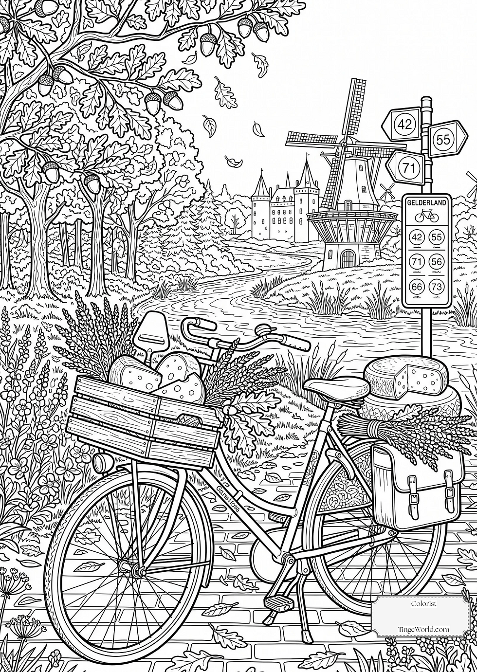 Dutch Bicycle and Cheese coloring page for adults, free printable, Tinge World Dutch series (Dutch_01)