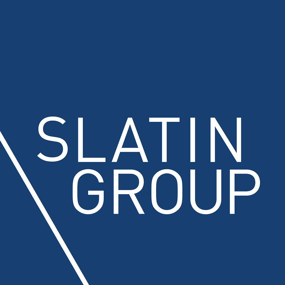 Slatin Group logo in white text on a dark blue background with a diagonal white line on the left.