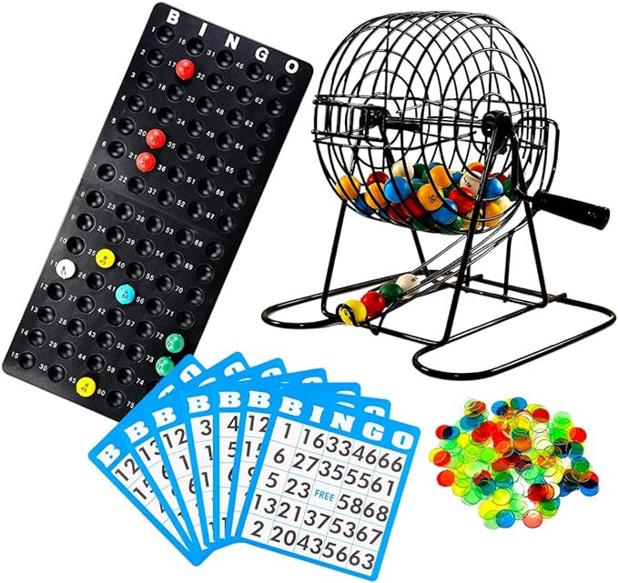 full bingo game set with cards, balls, markers, and chips