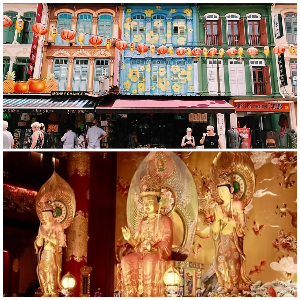 Singapore's Chinatown is buzzing with life and culture. It's got these super colorful shophouses decked out with lanterns, and you can't miss the stunning Buddhist art inside the famous Tooth Relic Temple.