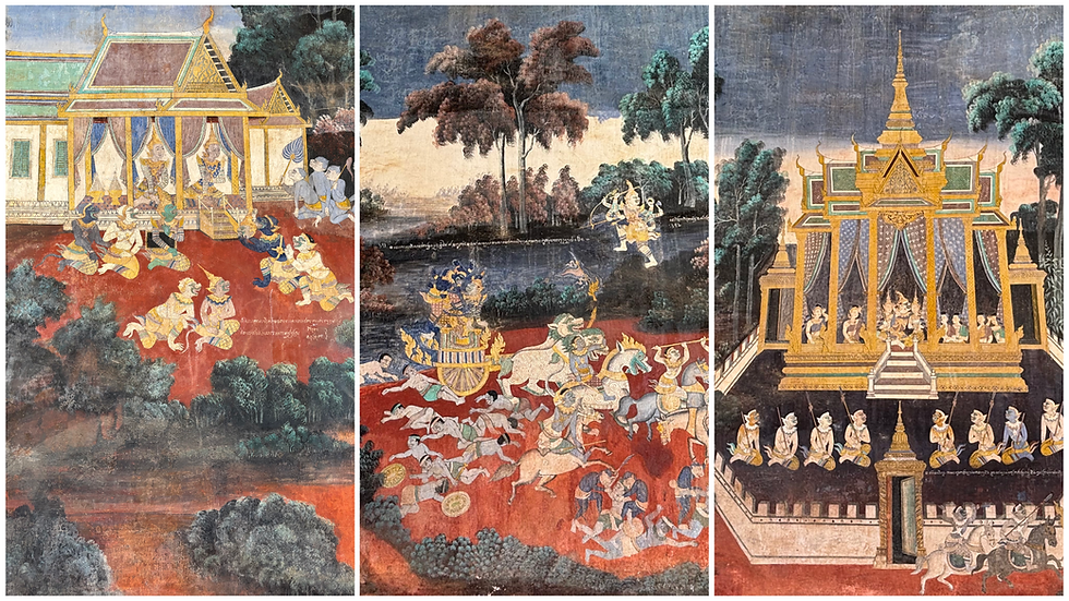 Reamker murals inside the Silver Pagoda, depicting scenes from Cambodia’s version of the Ramayana.