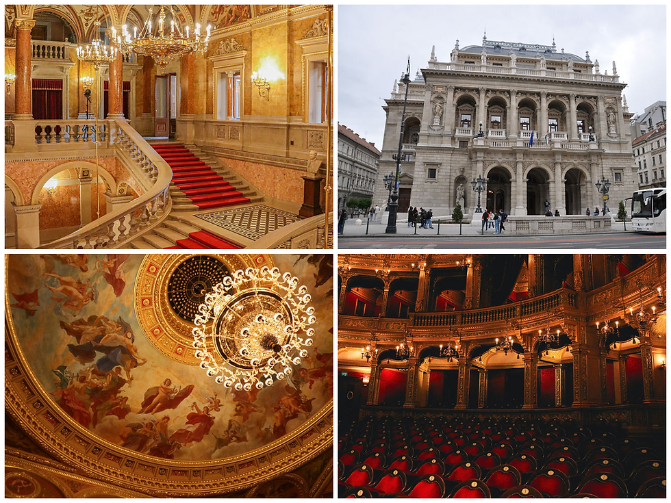 The State Opera in Budapest in all its glory. The pics highlight the fancy architecture on the outside, the plush red-carpeted interiors, the intricate ceiling fresco, and the super fancy auditorium seating.