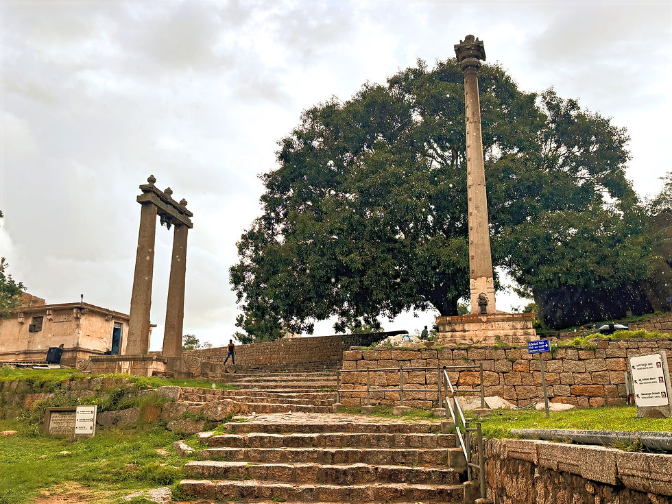 A peaceful vibe with the old deepa stambha (lamp pillar) and Uyyale Katte (swinging platform) inside the Rangana Nayakana Kote area of Chitradurga Fort