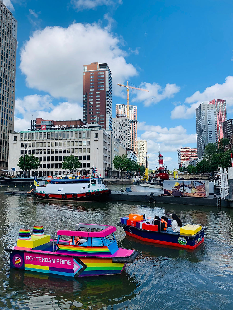 The outdoor section of the Maritime Museum in Rotterdam showcasing colorful boats float in the water