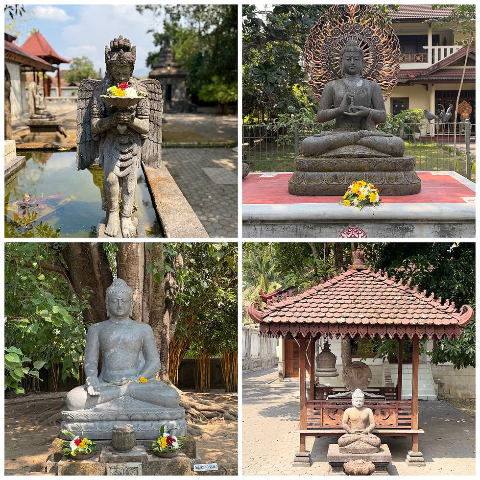 Peaceful vibes at Mendut Temple with its detailed stone carvings, peaceful Buddha statues, and classic architecture, all surrounded by lush greenery.
