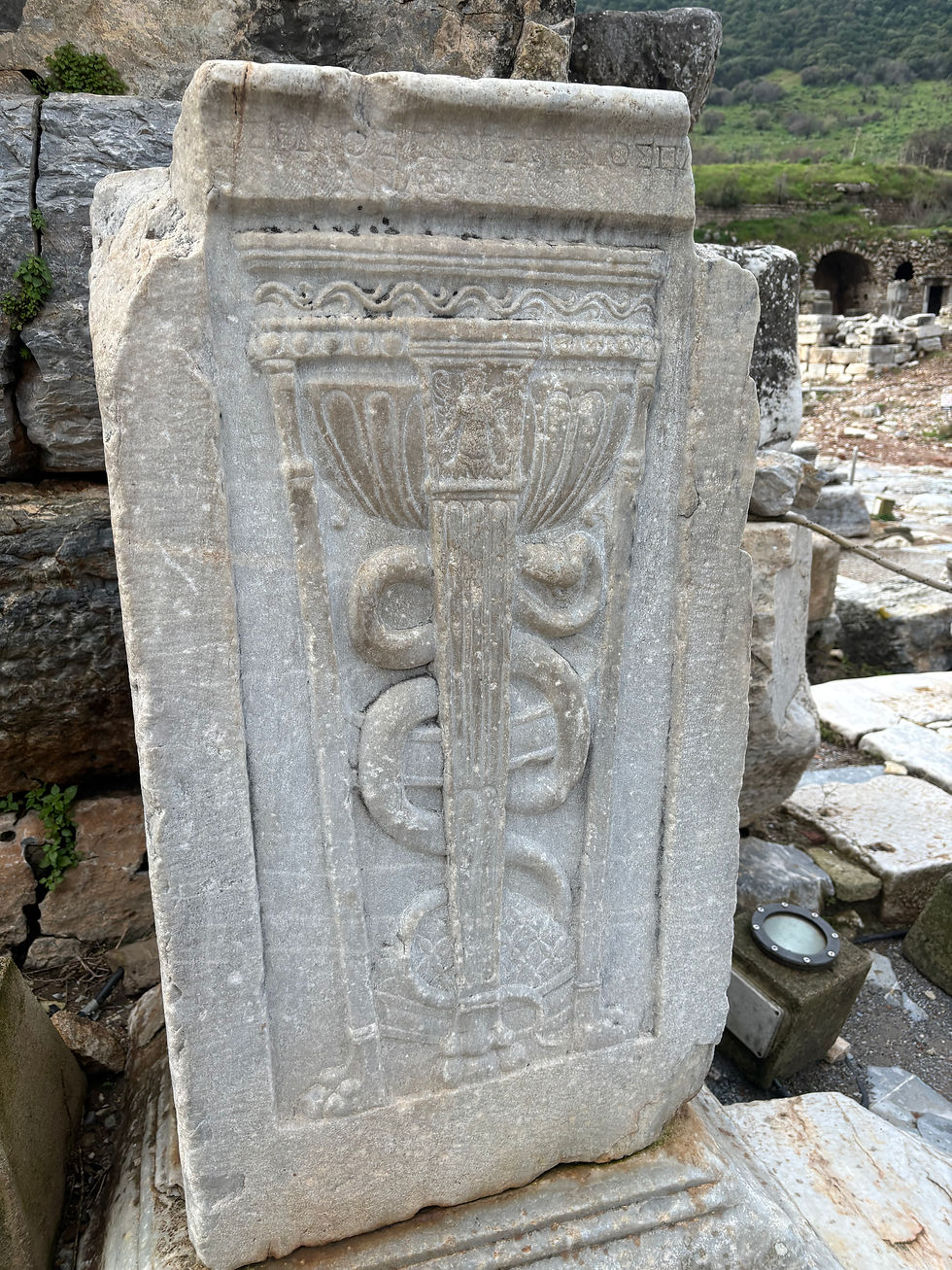 A carved snake symbol on one of the stones, a sign of healing and medicine at Ephesus.