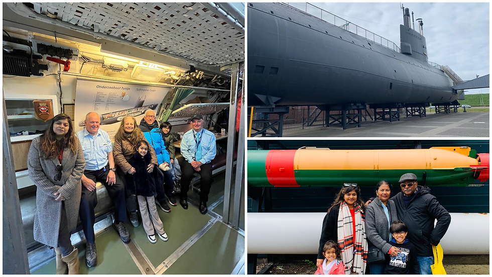 Exploring Marinemuseum Den Helder, posing inside the submarine "Tonijn" and outside with impressive naval exhibits.