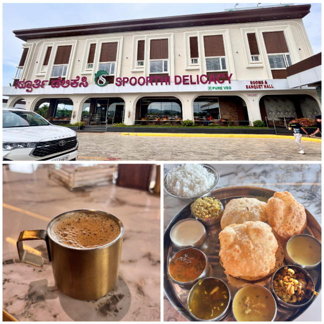 Spoorthi Delicacy: A fairly new restaurant offering a delightful vegetarian experience with traditional South Indian dishes and fresh coffee.