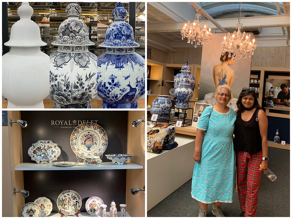 A display of exquisite Delft Blue pottery, showcasing intricate designs on vases and plates at Royal Delft.