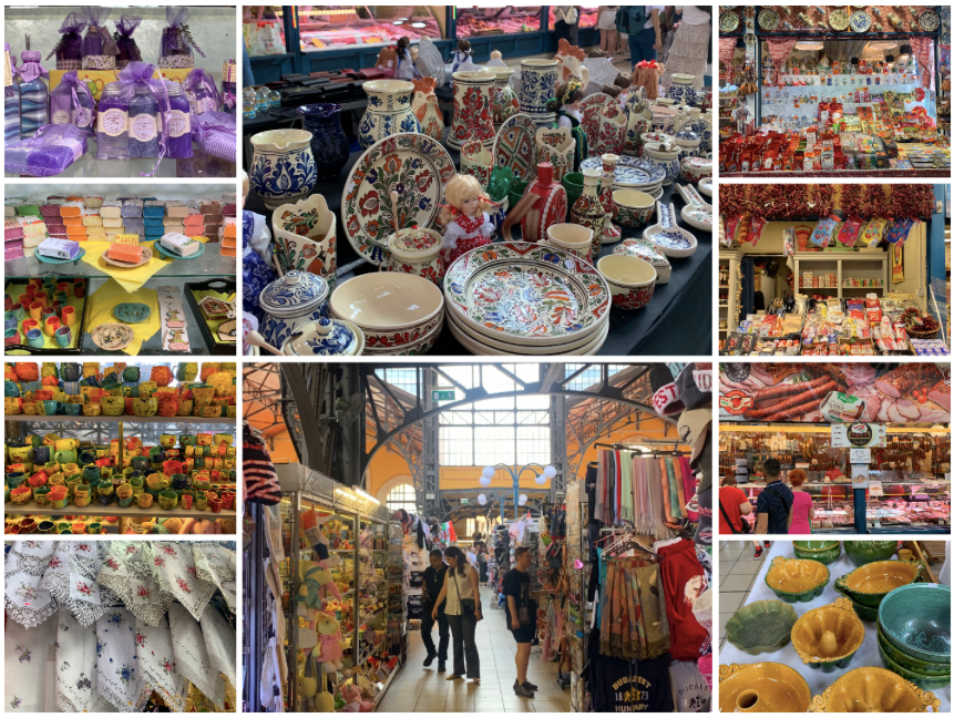 A lively mix at the Great Market Hall in Budapest features a rainbow of goodies, from beautifully designed pottery and textiles to mouthwatering food stalls and fragrant lavender items. 