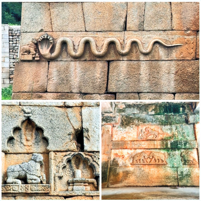 The stone carvings at Chitradurga Fort are seriously impressive, showing off ancient craftsmanship with a coiled serpent, a majestic lion, and detailed designs that highlight the rich cultural heritage and stunning architecture of this historic spot.