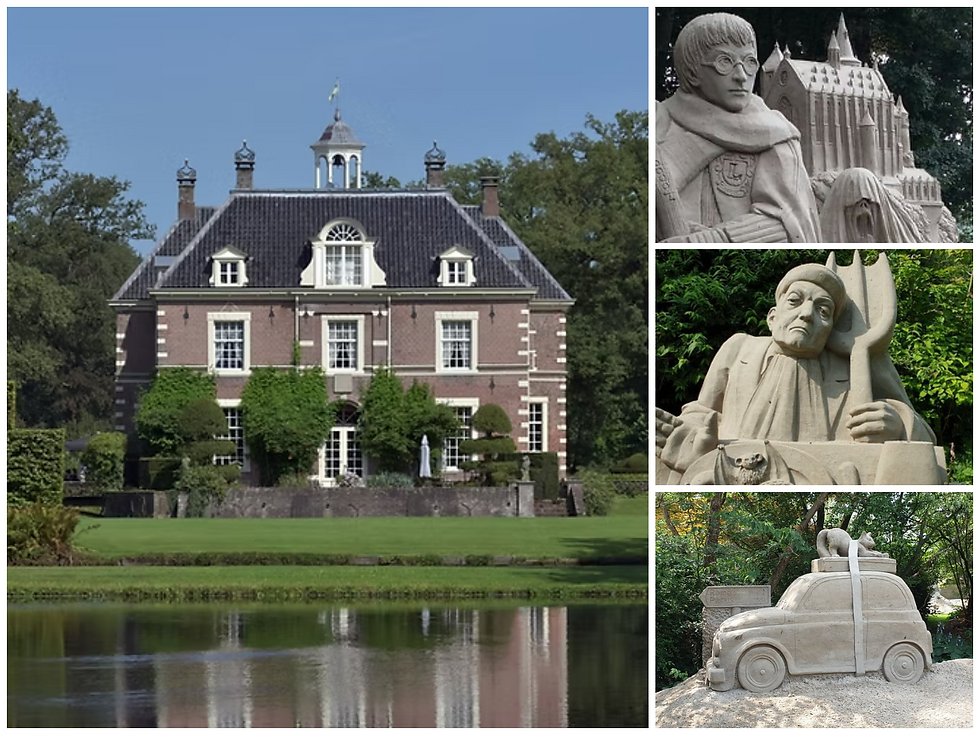 Kasteel Warmelo, a historic Dutch castle, sits proudly surrounded by well-kept gardens. The detailed sand sculptures create playful scenes, adding a bit of artistic flair to the peaceful setting.