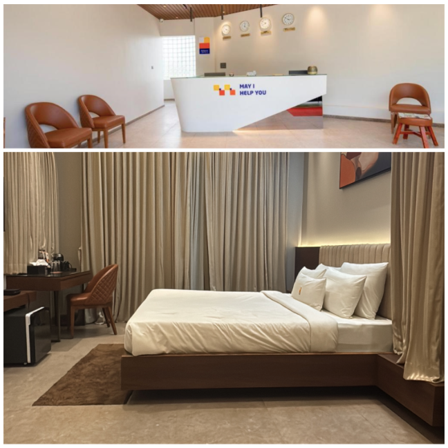 Reception and a cozy room at MySpace Chindanur Comforts, Chitradurga, showcasing modern design and inviting interiors.