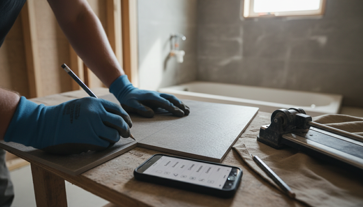 Close-up view of hands marking a cut line on a tile beside a phone showing a simple job checklist
