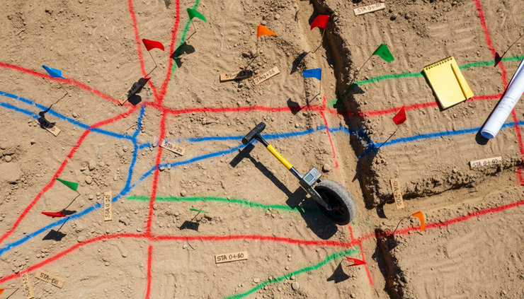 Overhead view of marked utility layout with flags, paint, and a measuring wheel on compacted soil.