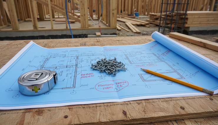Close-up view of a construction blueprint on a plywood surface with a tape measure.
