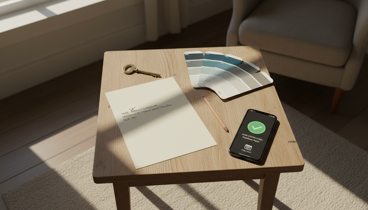 Overhead view of a small wooden table with a house key, printed work order, paint swatches, and a phone showing a completed task checkmark