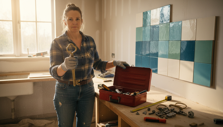 Eye-level view of a homeowner holding a brass key beside an open toolbox in a partially renovated kitchen