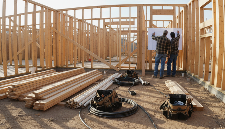 Wide-angle view of a small construction crew staging materials inside a framed structure.