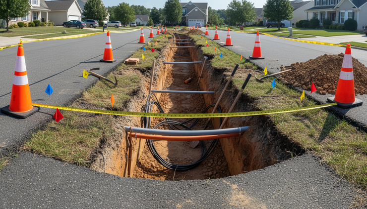 Wide-angle view of a utility trench with marked underground lines and measuring tape.