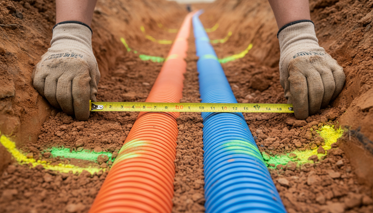 Close-up view of a worker measuring clearance between two utility conduits in a trench.