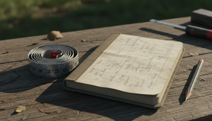 Close-up view of a weathered field notebook with handwritten job notes beside a scratched tape measure.