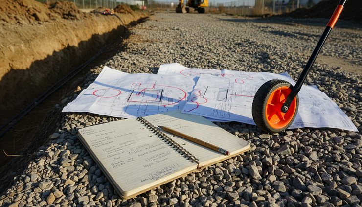 Eye-level view of a field notebook beside marked utility plans near an open trench.
