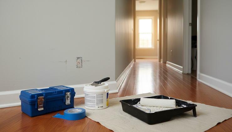 Eye-level view of a hallway with minor repair tools and paint supplies ready for touch-ups.