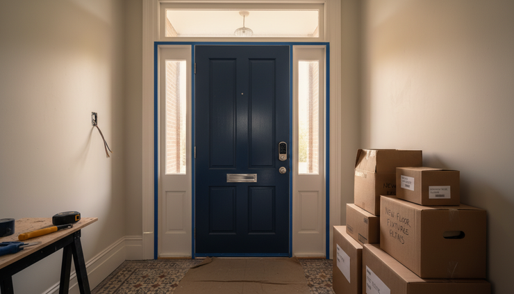 Wide-angle view of a row house entryway with a smart lock, painter tape, and labeled material boxes near the door