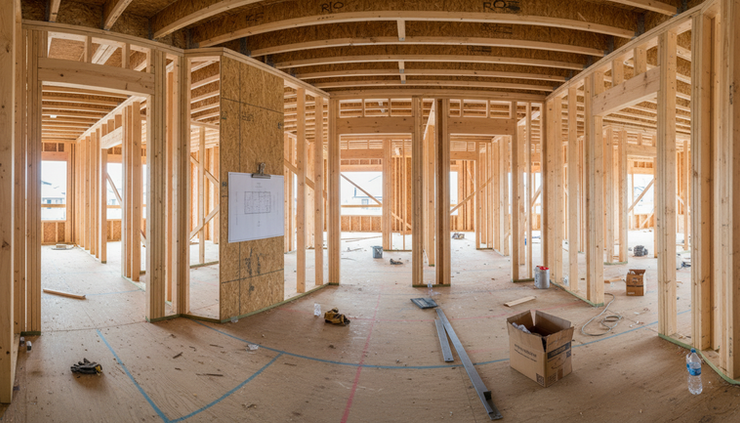 Wide-angle view of a framed house interior with marked construction lines.